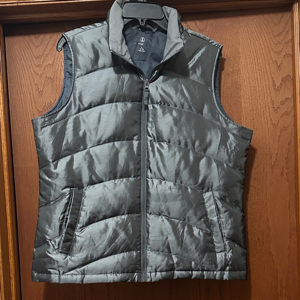 Lands' End Shiny Charcoal Down Puffer Vest L